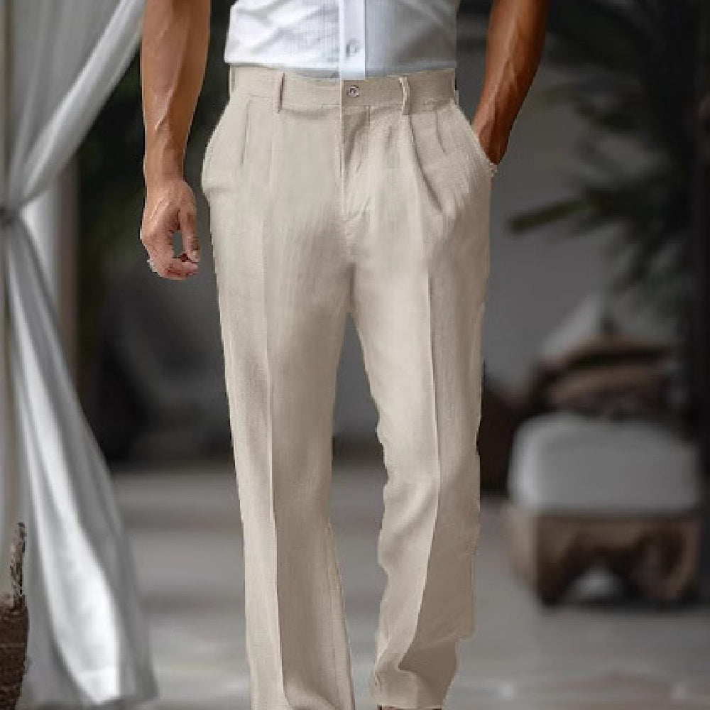 Men's Linen Double Pleated Front Pocket Solid Color Fashion Casual Straight Trousers