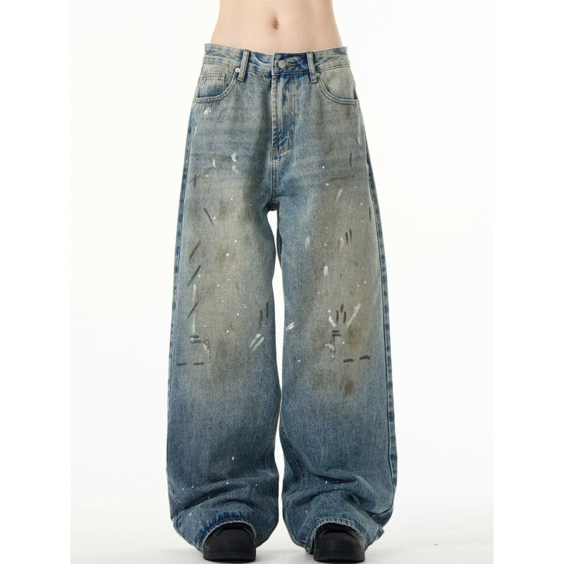 Splash-ink Jeans Men's Retro Washed Distressed Baggy Straight Trousers