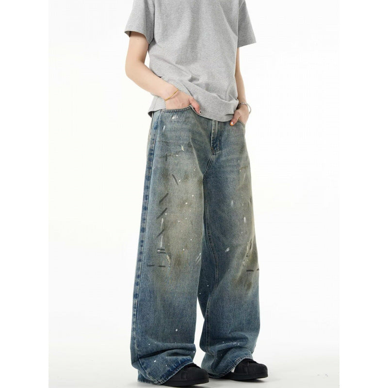 Splash-ink Jeans Men's Retro Washed Distressed Baggy Straight Trousers