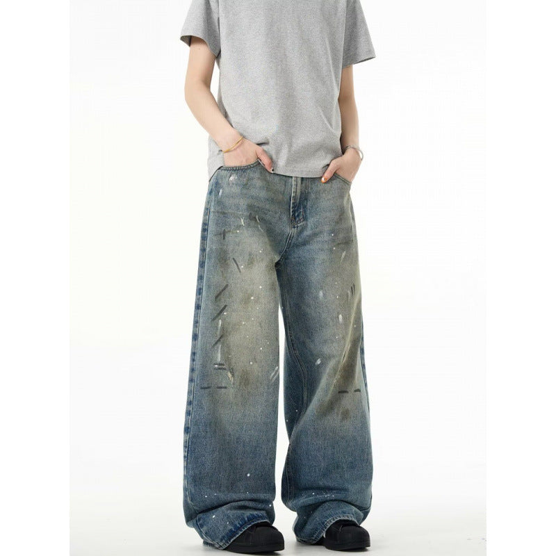 Splash-ink Jeans Men's Retro Washed Distressed Baggy Straight Trousers