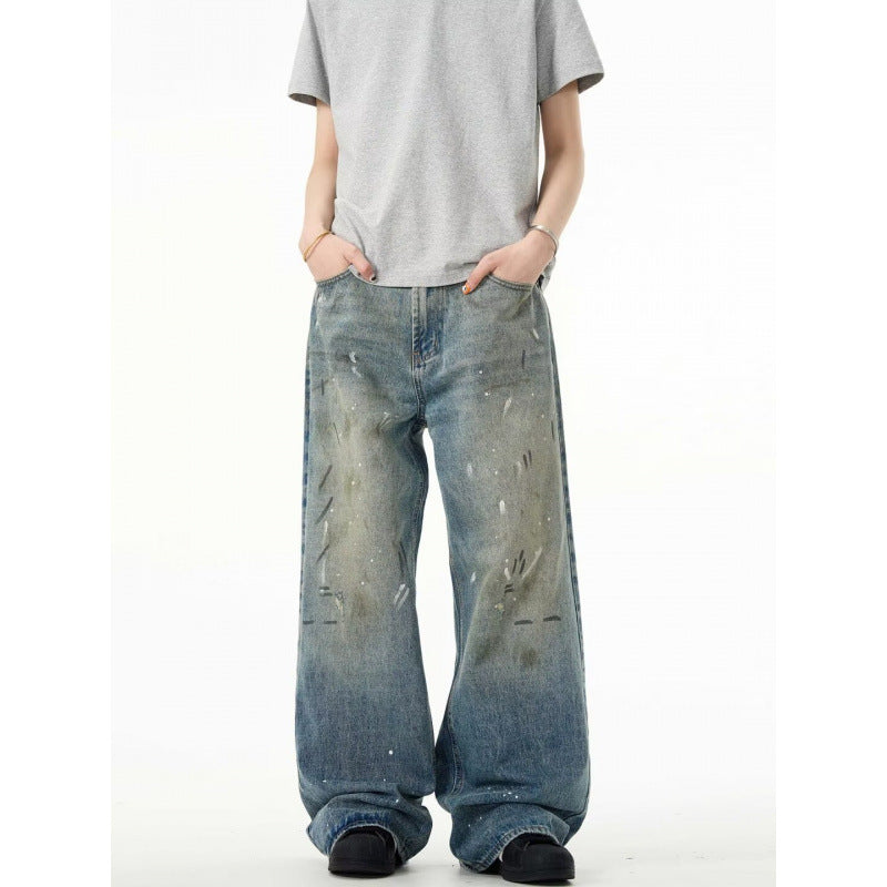 Splash-ink Jeans Men's Retro Washed Distressed Baggy Straight Trousers