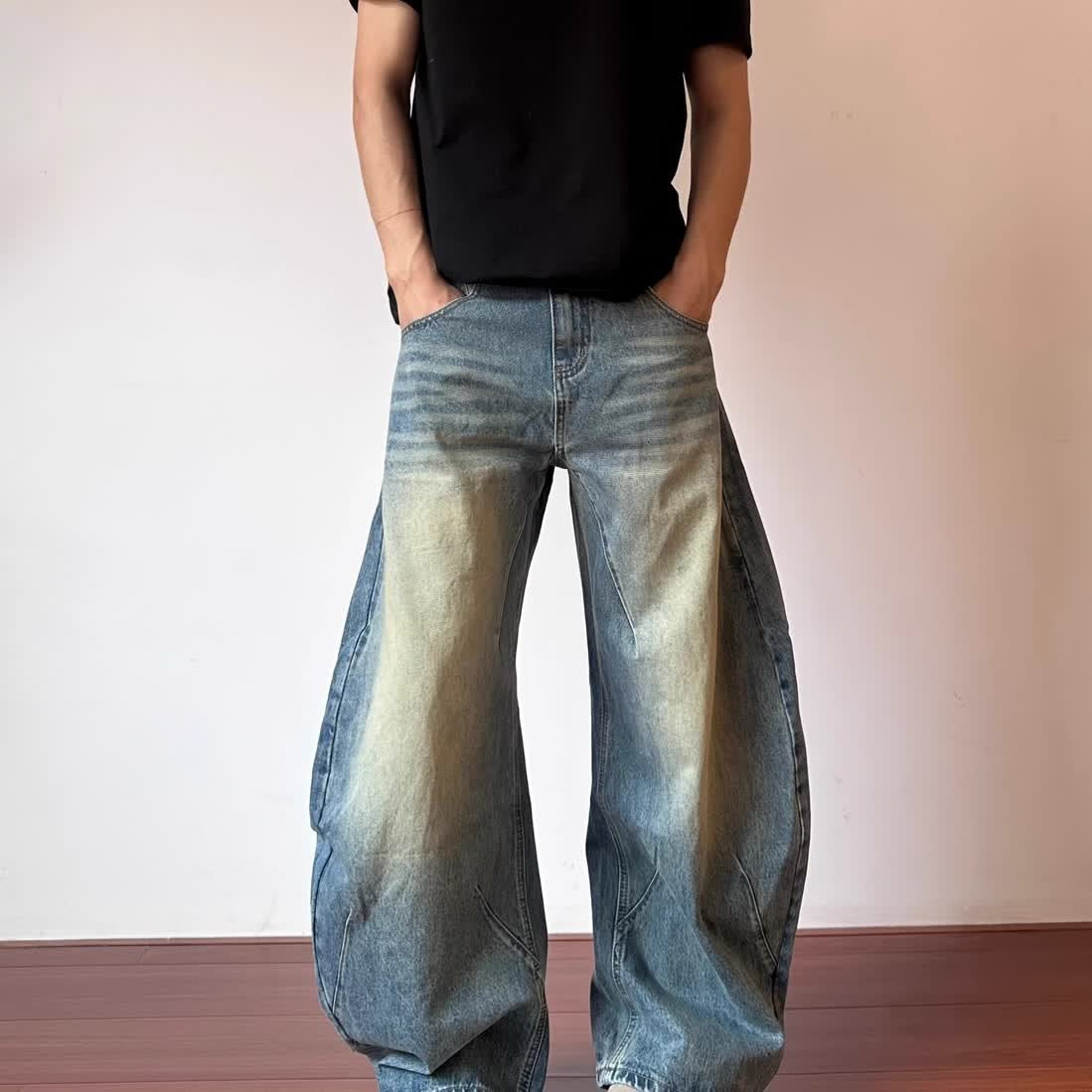 Retro Design Deconstructed Pleated Washed Blue Jeans